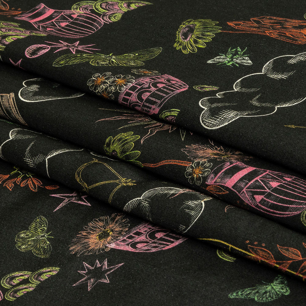 Rayon Challis - Black Trees and Windows - Summer Nights Print - Mood Exclusive Citrus Collection