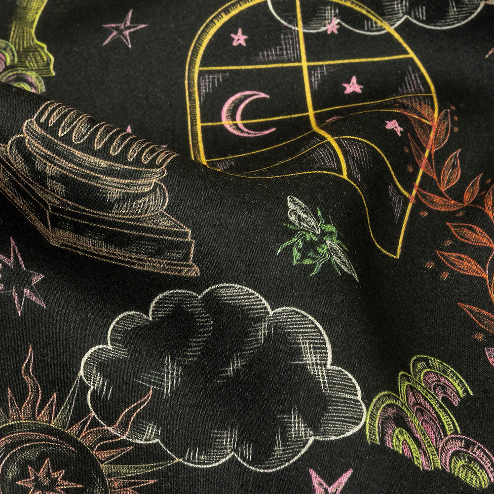 Rayon Challis - Black Trees and Windows - Summer Nights Print - Mood Exclusive Citrus Collection