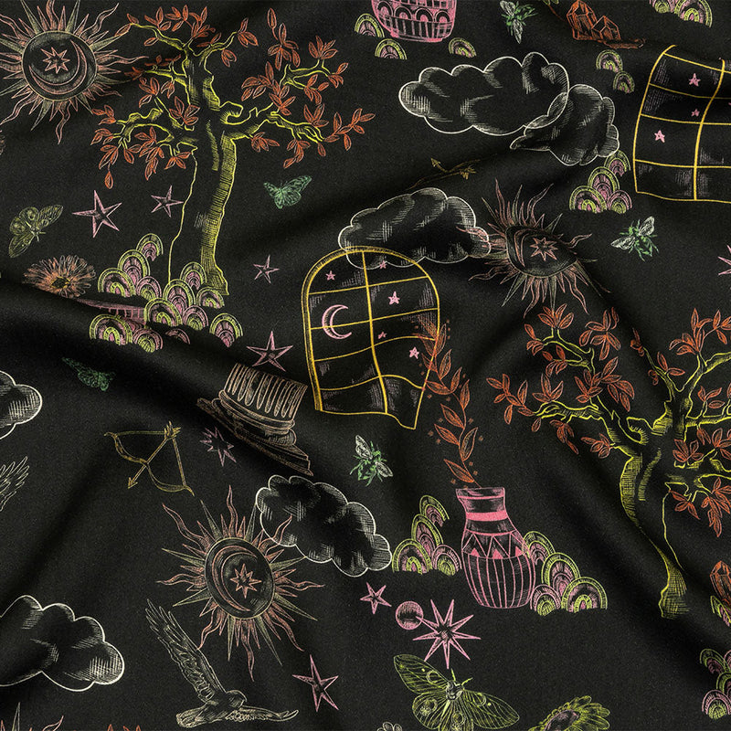 Rayon Challis - Black Trees and Windows - Summer Nights Print - Mood Exclusive Citrus Collection