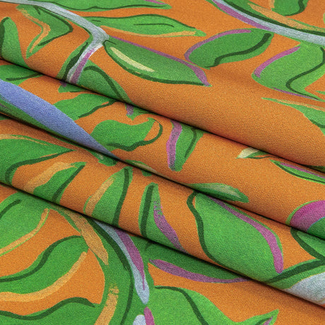 Stretch Cotton Sateen - Orange and Green Foliage - Looking Vine Print - Mood Exclusive Citrus Collection