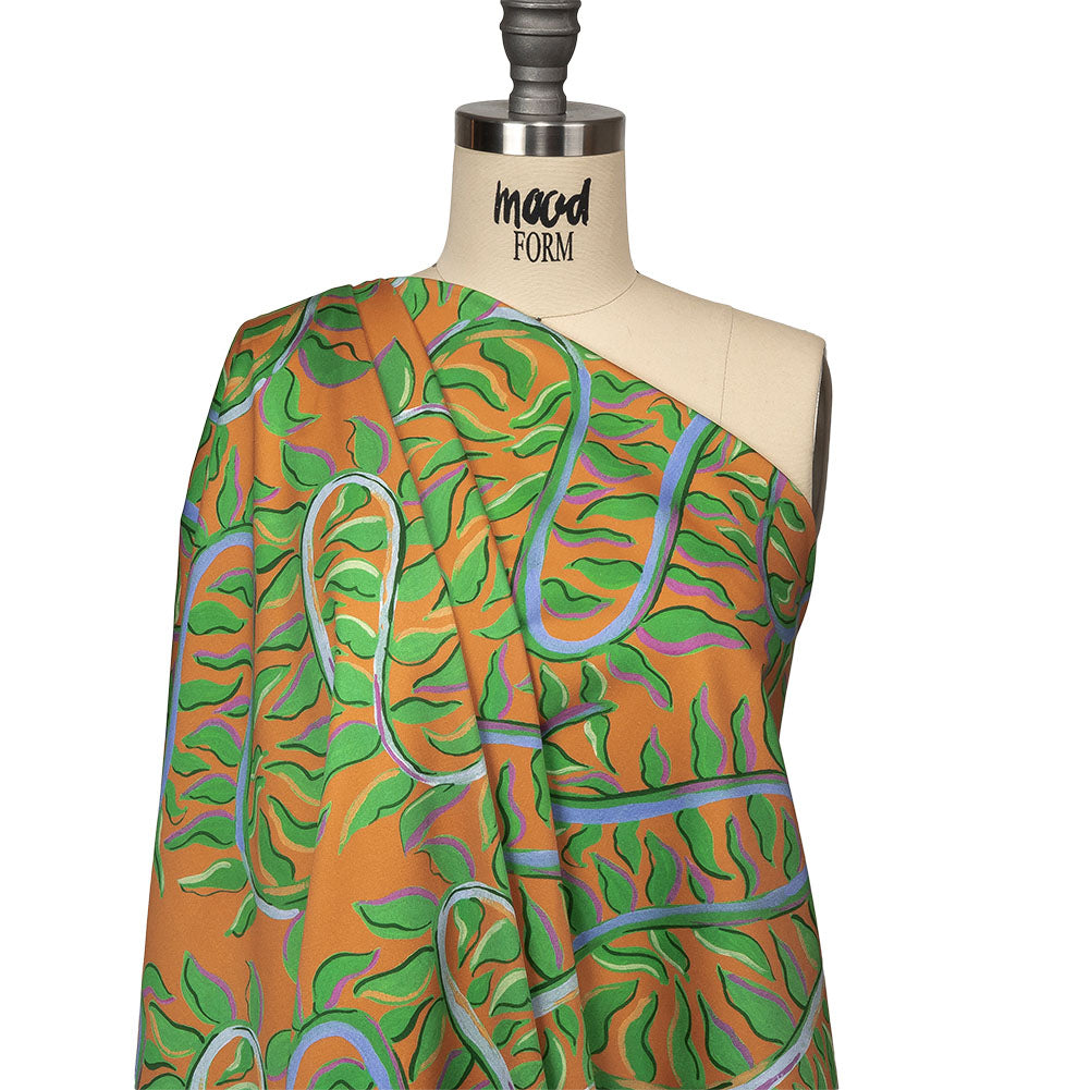 Stretch Cotton Sateen - Orange and Green Foliage - Looking Vine Print - Mood Exclusive Citrus Collection