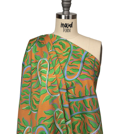 Stretch Cotton Sateen - Orange and Green Foliage - Looking Vine Print - Mood Exclusive Citrus Collection