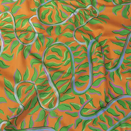 Stretch Cotton Sateen - Orange and Green Foliage - Looking Vine Print - Mood Exclusive Citrus Collection