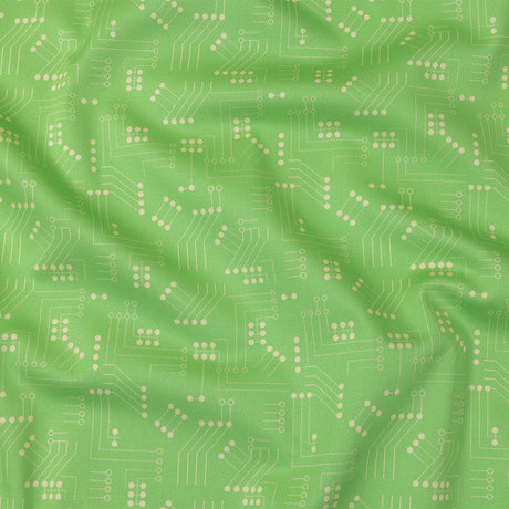 Stretch Cotton Sateen - Green Circuit Board Dots - Circuit Breaker Print - Mood Exclusive Citrus Collection