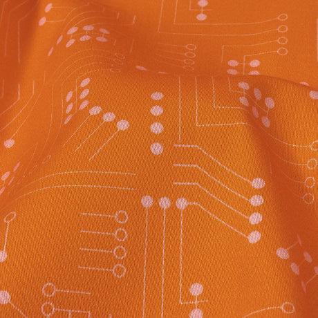 Stretch Cotton Sateen - Orange Circuit Board Dots - Circuit Breaker Print - Mood Exclusive Citrus Collection