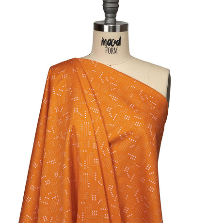 Stretch Cotton Sateen - Orange Circuit Board Dots - Circuit Breaker Print - Mood Exclusive Citrus Collection