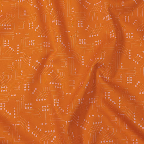 Stretch Cotton Sateen - Orange Circuit Board Dots - Circuit Breaker Print - Mood Exclusive Citrus Collection