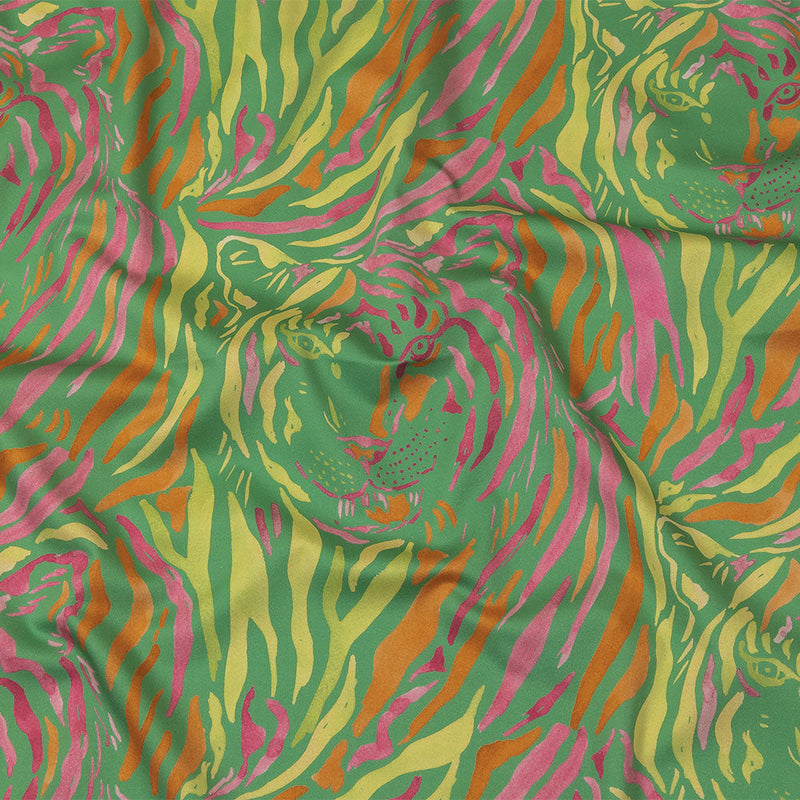 Stretch Cotton Sateen - Green and Pink Tiger Stripes - Rainforest Refreshment Print - Mood Exclusive Citrus Collection