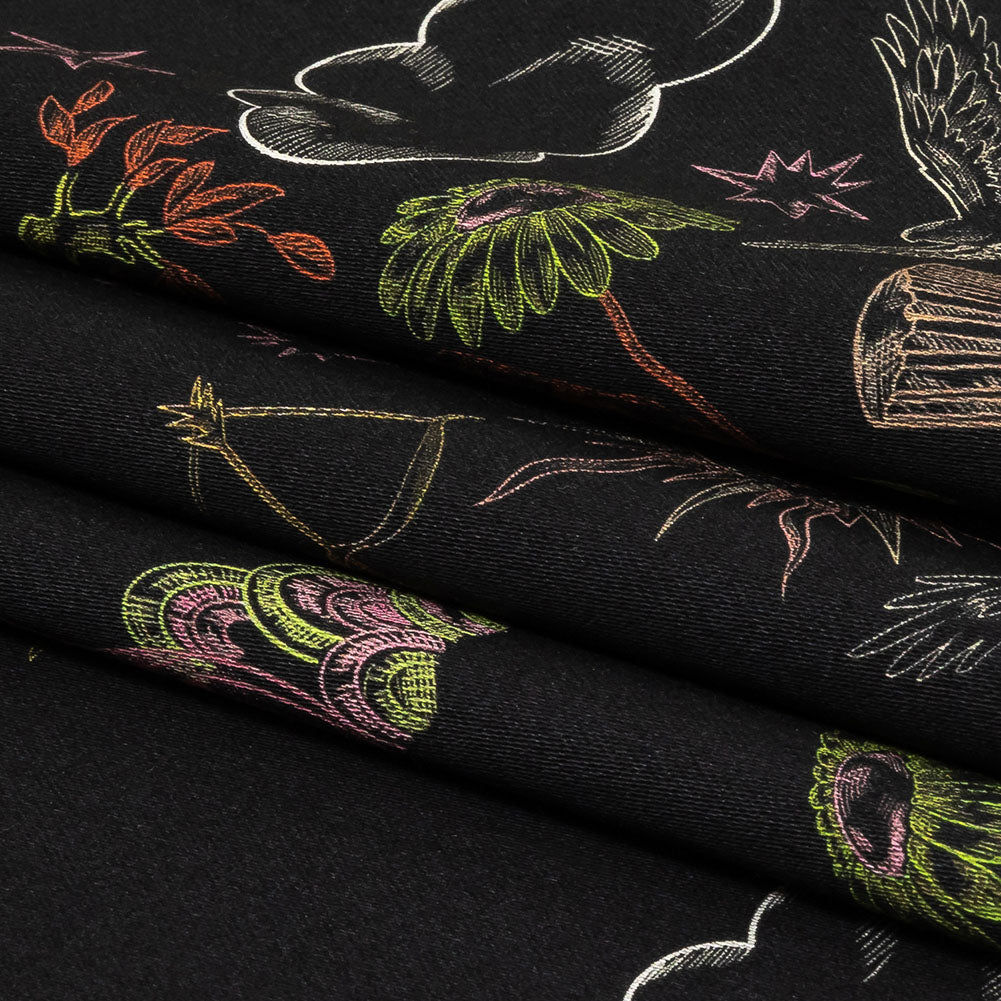 Stretch Cotton Sateen - Black Trees and Windows - Summer Nights Print - Mood Exclusive Citrus Collection