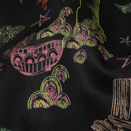 Stretch Cotton Sateen - Black Trees and Windows - Summer Nights Print - Mood Exclusive Citrus Collection