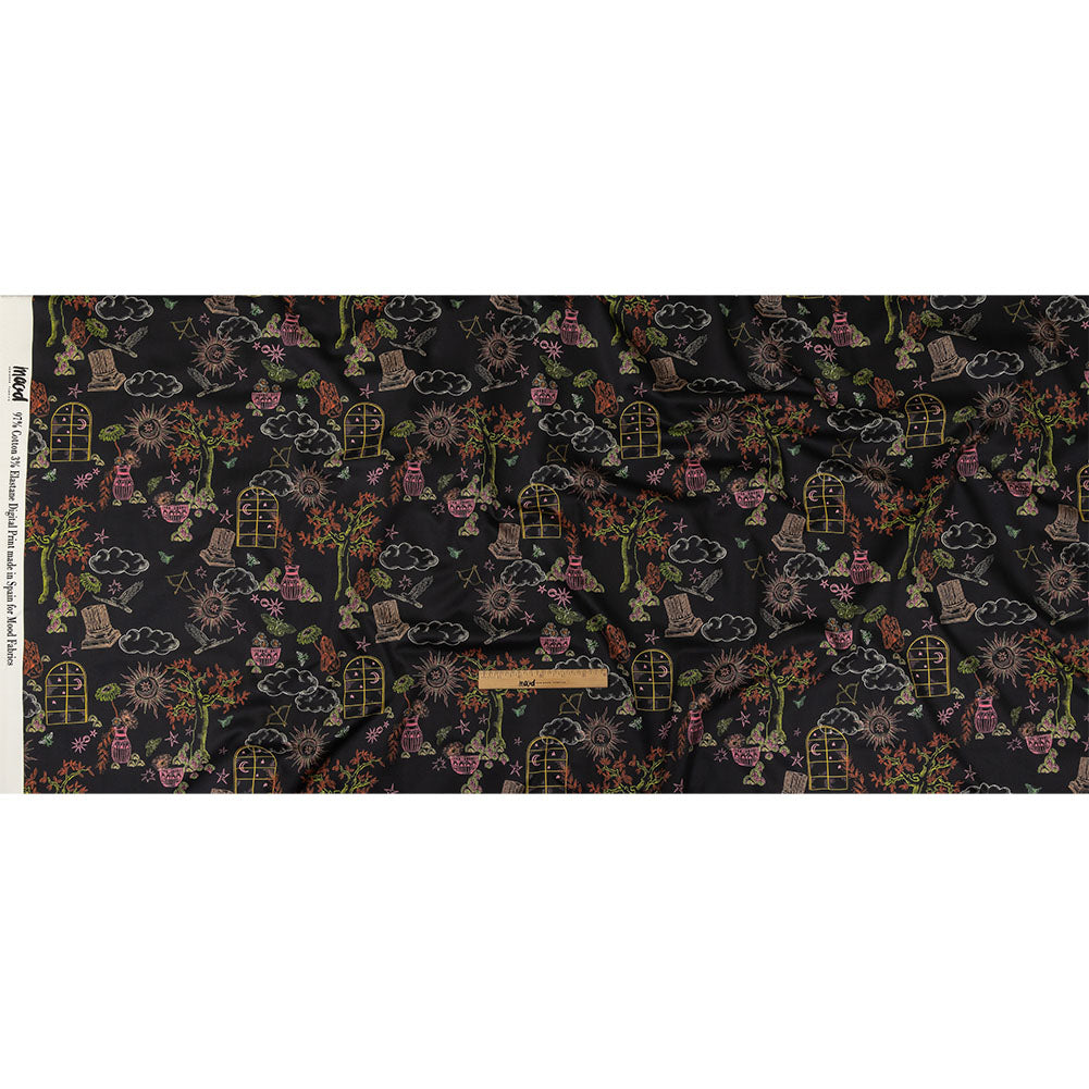 Stretch Cotton Sateen - Black Trees and Windows - Summer Nights Print - Mood Exclusive Citrus Collection