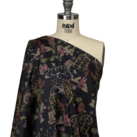 Stretch Cotton Sateen - Black Trees and Windows - Summer Nights Print - Mood Exclusive Citrus Collection
