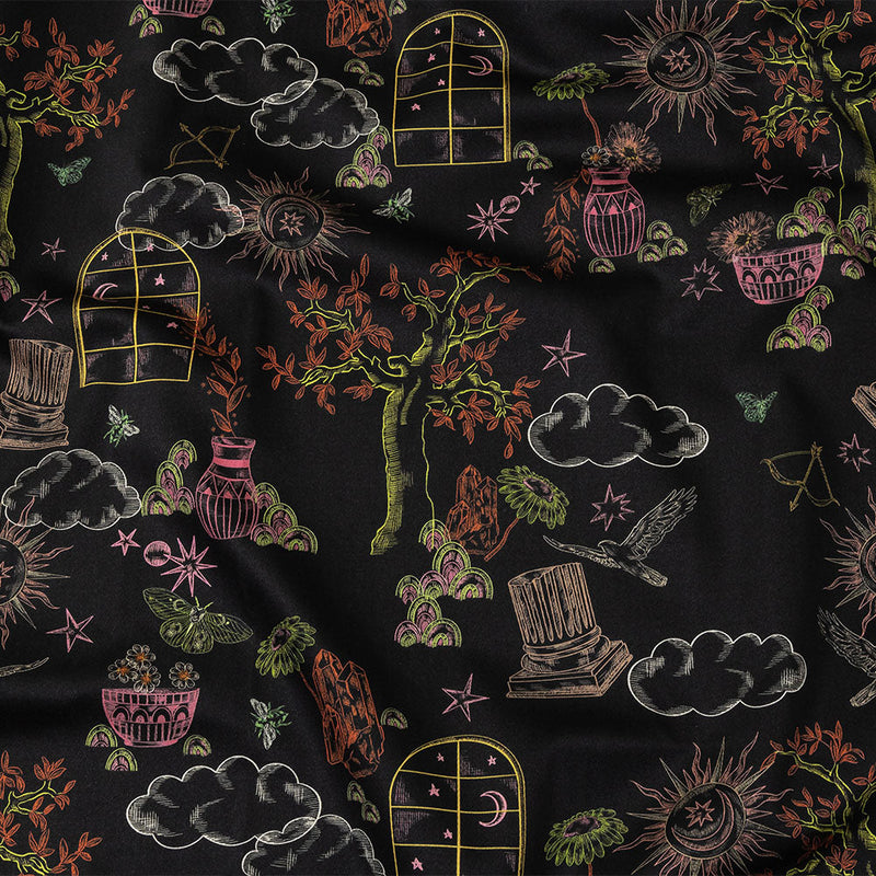 Stretch Cotton Sateen - Black Trees and Windows - Summer Nights Print - Mood Exclusive Citrus Collection