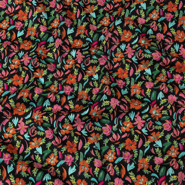 Stretch Cotton Sateen - Pink, Blue and Black Floral - Confetti Fete Print - Mood Exclusive Citrus Collection