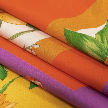 Cotton Voile - Orange and Pink Floral - Golden Garden Print - Mood Exclusive Citrus Collection