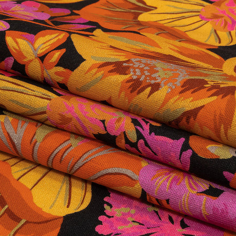 Linen and Rayon Woven - Black, Pink and Yellow Floral - Tangerine Dreams Print - Mood Exclusive Citrus Collection