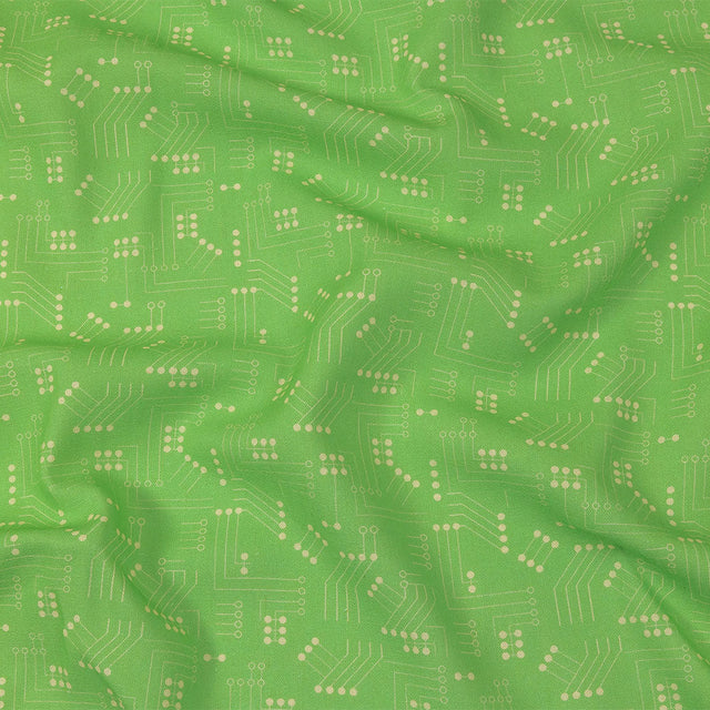Linen and Rayon Woven - Green Circuit Board Dots - Circuit Breaker Print - Mood Exclusive Citrus Collection