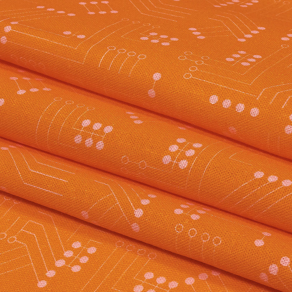 Linen and Rayon Woven - Orange Circuit Board Dots - Circuit Breaker Print - Mood Exclusive Citrus Collection