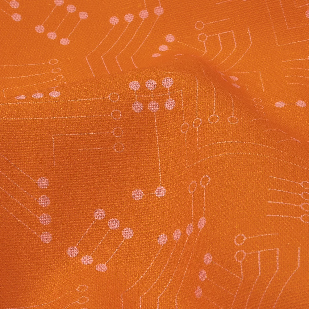 Linen and Rayon Woven - Orange Circuit Board Dots - Circuit Breaker Print - Mood Exclusive Citrus Collection