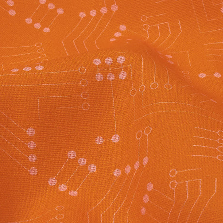 Linen and Rayon Woven - Orange Circuit Board Dots - Circuit Breaker Print - Mood Exclusive Citrus Collection