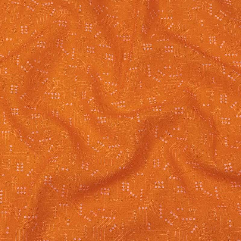 Linen and Rayon Woven - Orange Circuit Board Dots - Circuit Breaker Print - Mood Exclusive Citrus Collection