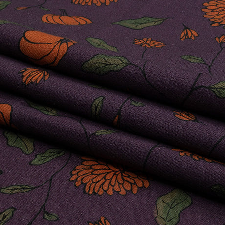Linen and Rayon Woven - Purple and Orange Pumpkins and Flowers - Chrysanthemum Crisp Print - Mood Exclusive Jack-O-Lantern Collection