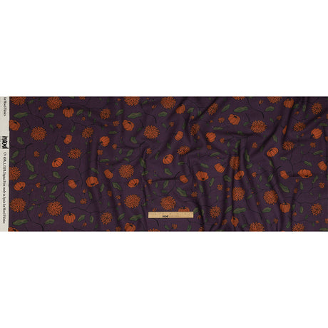 Linen and Rayon Woven - Purple and Orange Pumpkins and Flowers - Chrysanthemum Crisp Print - Mood Exclusive Jack-O-Lantern Collection