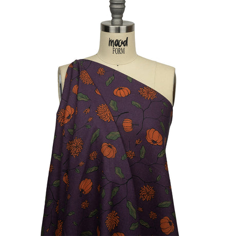 Linen and Rayon Woven - Purple and Orange Pumpkins and Flowers - Chrysanthemum Crisp Print - Mood Exclusive Jack-O-Lantern Collection