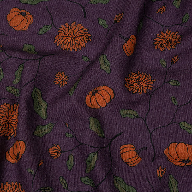Linen and Rayon Woven - Purple and Orange Pumpkins and Flowers - Chrysanthemum Crisp Print - Mood Exclusive Jack-O-Lantern Collection