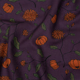 Linen and Rayon Woven - Purple and Orange Pumpkins and Flowers - Chrysanthemum Crisp Print - Mood Exclusive Jack-O-Lantern Collection