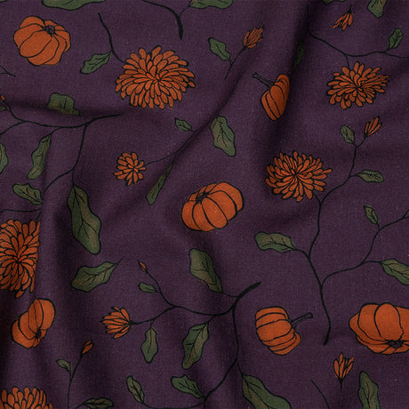 Linen and Rayon Woven - Purple and Orange Pumpkins and Flowers - Chrysanthemum Crisp Print - Mood Exclusive Jack-O-Lantern Collection