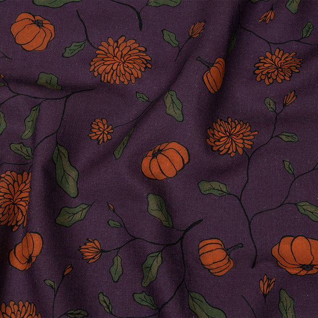 Linen and Rayon Woven - Purple and Orange Pumpkins and Flowers - Chrysanthemum Crisp Print - Mood Exclusive Jack-O-Lantern Collection