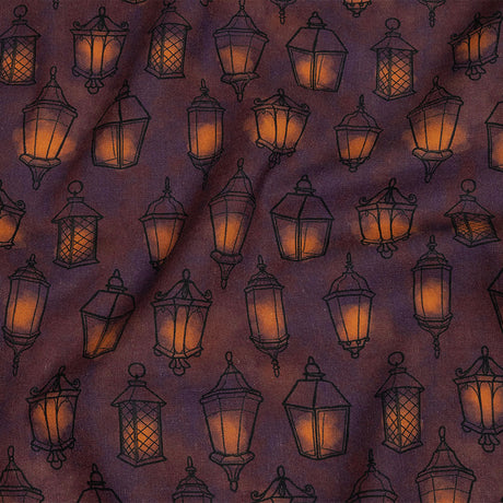 Linen and Rayon Woven - Purple Lanterns - By Lantern Light Print - Mood Exclusive Jack-O-Lantern Collection