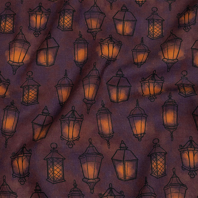Linen and Rayon Woven - Purple Lanterns - By Lantern Light Print - Mood Exclusive Jack-O-Lantern Collection