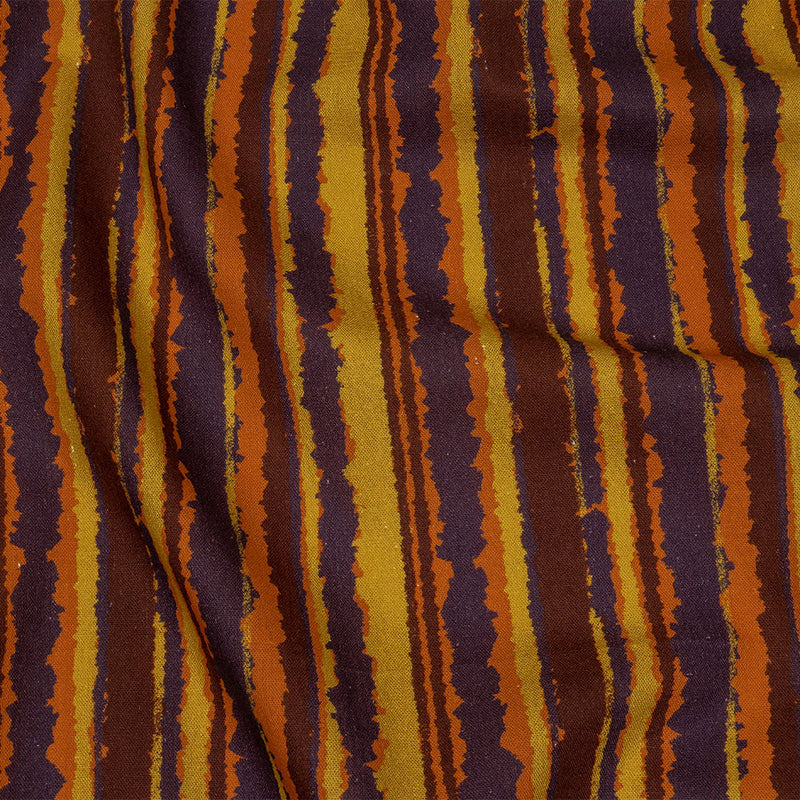 Linen and Rayon Woven - Purple, Orange and Yellow Stripes - Foliate Pathways Print - Mood Exclusive Jack-O-Lantern Collection