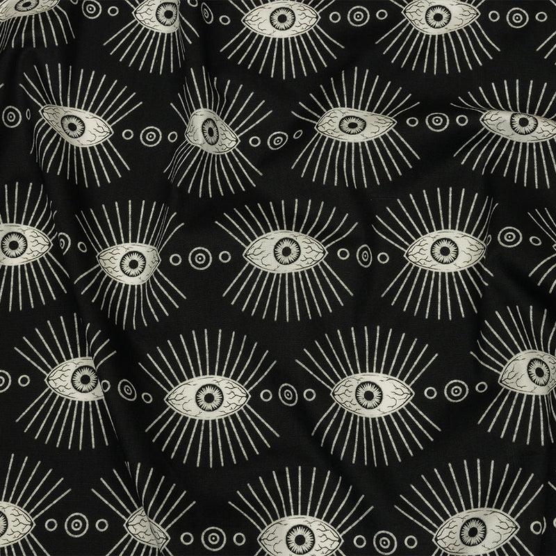 Stretch Cotton Poplin - Black and WhiteLines of Eyes - Tell Tale Print - Mood Exclusive Nevermore Collection