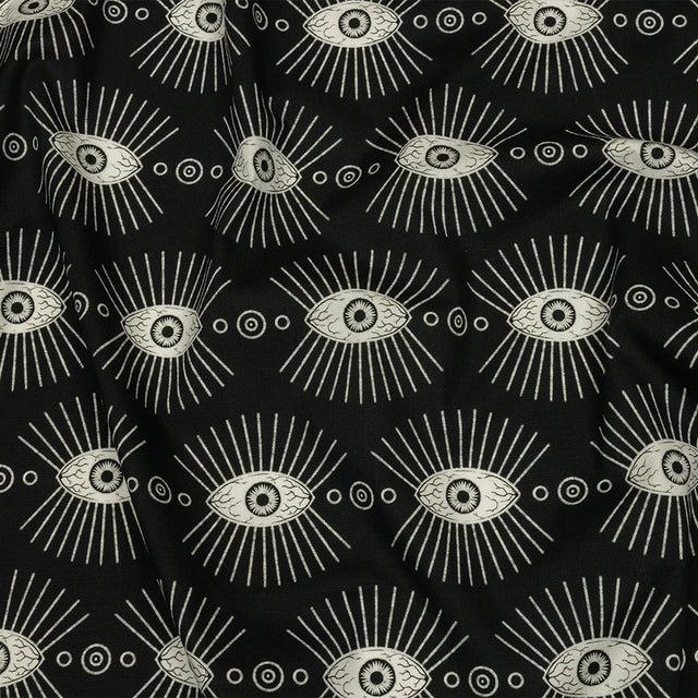 Stretch Cotton Poplin - Black and WhiteLines of Eyes - Tell Tale Print - Mood Exclusive Nevermore Collection
