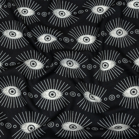 Rayon Batiste - Black and WhiteLines of Eyes - Tell Tale Print - Mood Exclusive Nevermore Collection