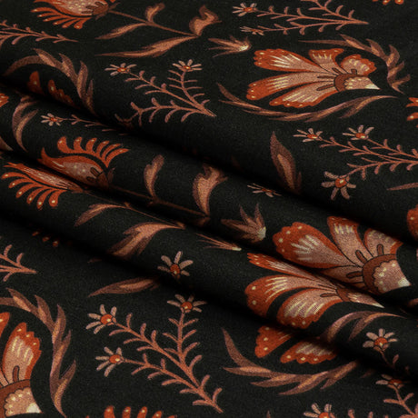 Rayon Challis - Black and Orange Floral - Watching the Fire Print - Mood Exclusive Rockland Collection