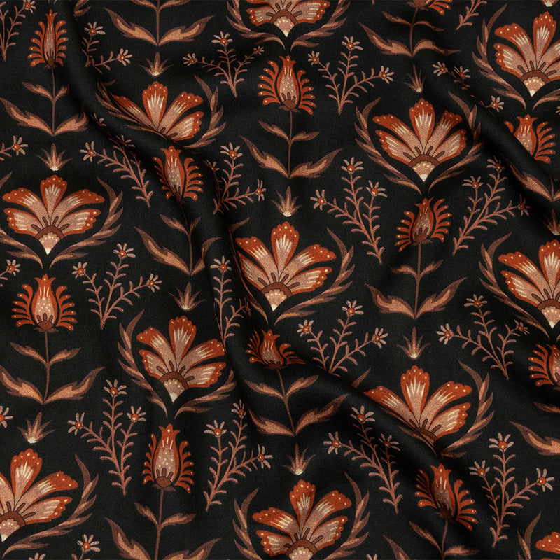 Rayon Challis - Black and Orange Floral - Watching the Fire Print - Mood Exclusive Rockland Collection