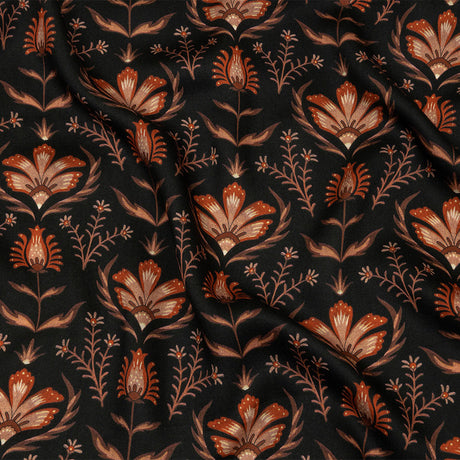 Rayon Challis - Black and Orange Floral - Watching the Fire Print - Mood Exclusive Rockland Collection