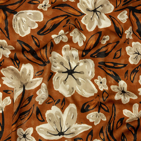 Rayon Challis - Burnt Orange Painterly Floral - Orange Wildflower Walk Print - Mood Exclusive Rockland Collection