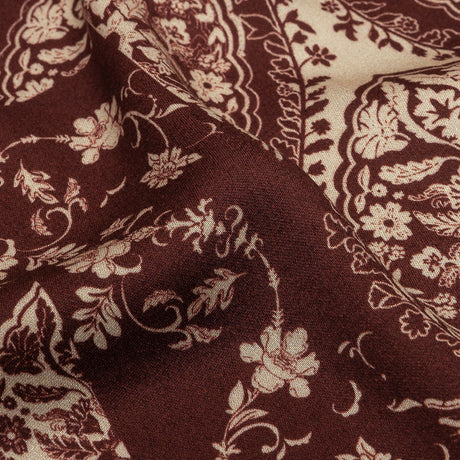 Rayon Challis - Beige and Burgundy Paisley - Impressions in Time Print - Mood Exclusive Rockland Collection