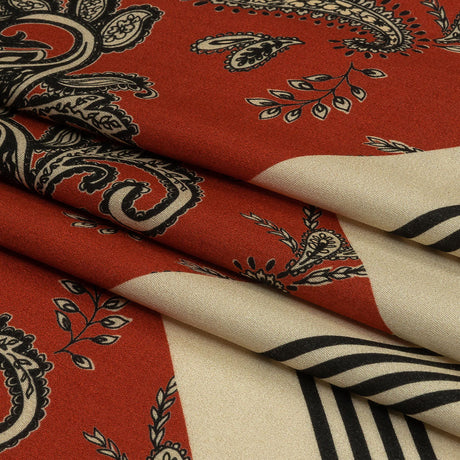 Rayon Challis - White and Orange Paisley and Chevron - Well Travelled Trails Print - Mood Exclusive Rockland Collection