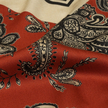 Rayon Challis - White and Orange Paisley and Chevron - Well Travelled Trails Print - Mood Exclusive Rockland Collection