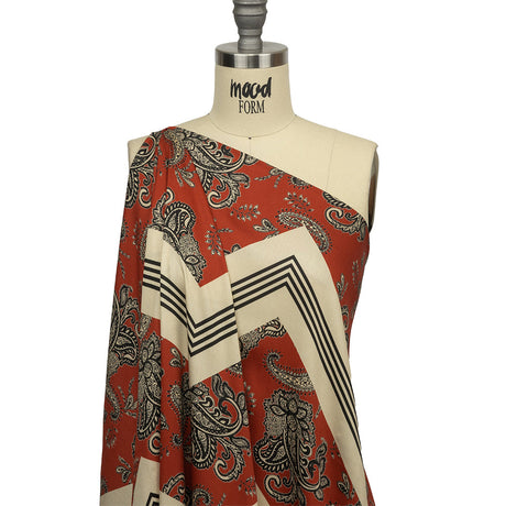 Rayon Challis - White and Orange Paisley and Chevron - Well Travelled Trails Print - Mood Exclusive Rockland Collection