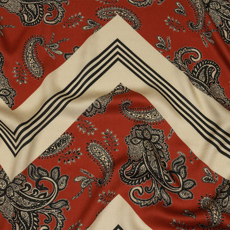 Rayon Challis - White and Orange Paisley and Chevron - Well Travelled Trails Print - Mood Exclusive Rockland Collection