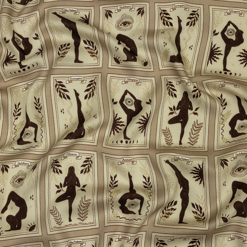 Rayon Challis - Beige and Brown Yoga Cards - Finding Balance Print - Mood Exclusive Rockland Collection