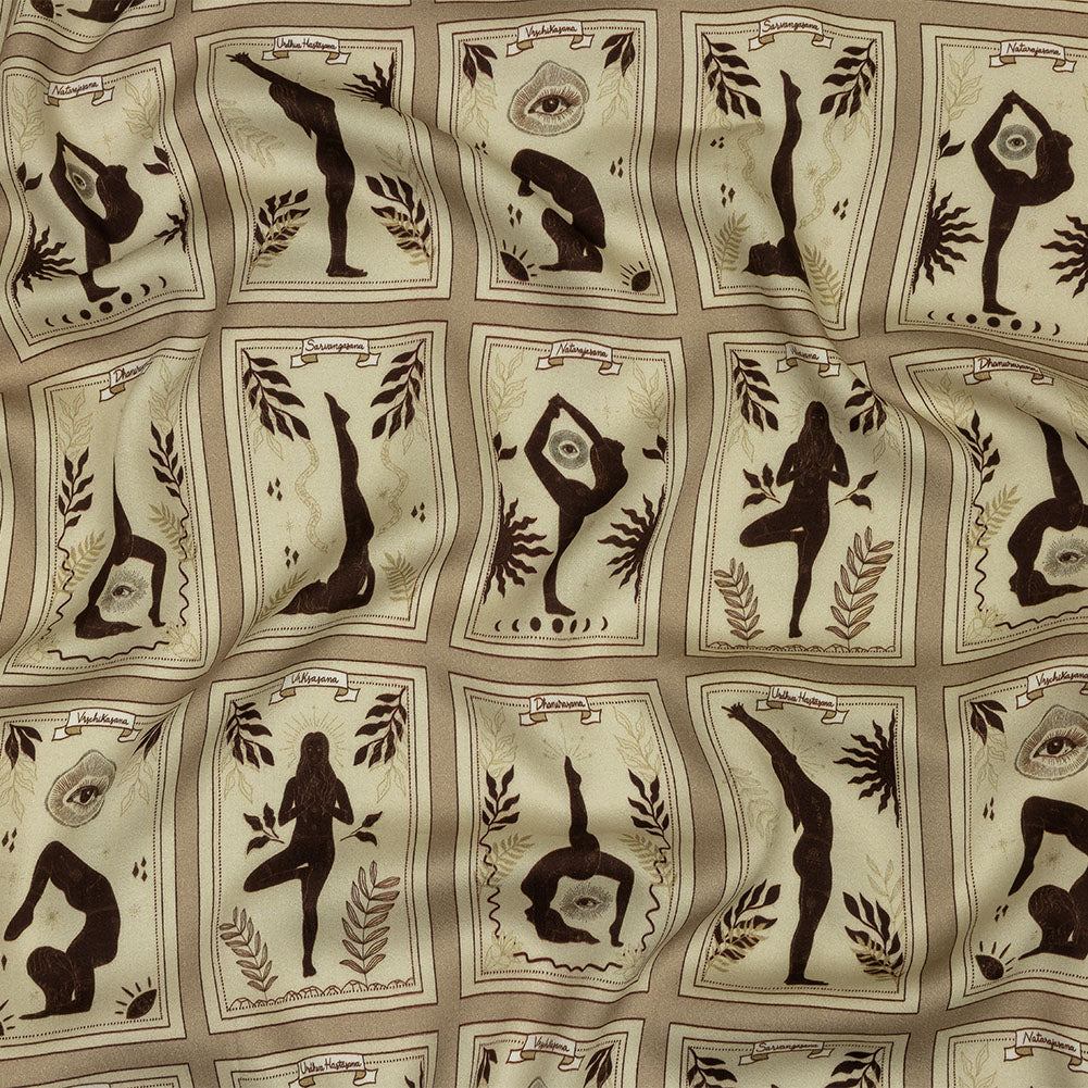 Rayon Challis - Beige and Brown Yoga Cards - Finding Balance Print - Mood Exclusive Rockland Collection