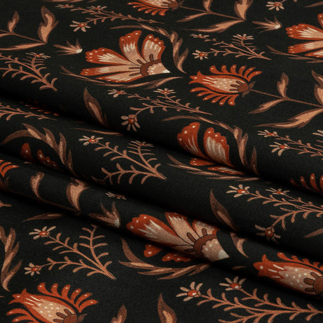 Stretch Cotton Sateen - Black and Orange Floral - Watching the Fire Print - Mood Exclusive Rockland Collection